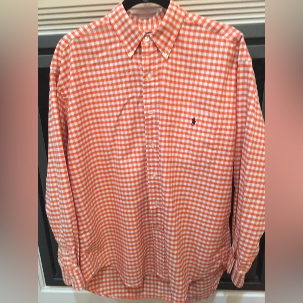 Men’s Orange/White Checker long Sleeve Button Down Ralph Lauren Big Shirt